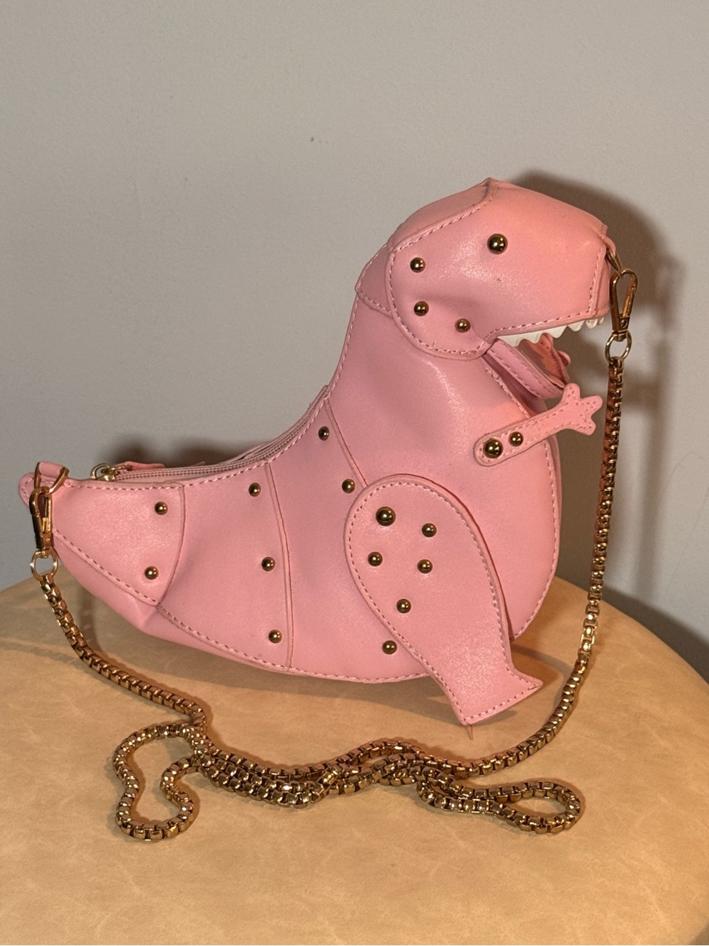 Playful Pink Dinosaur Crossbody Bag with Gold Chain